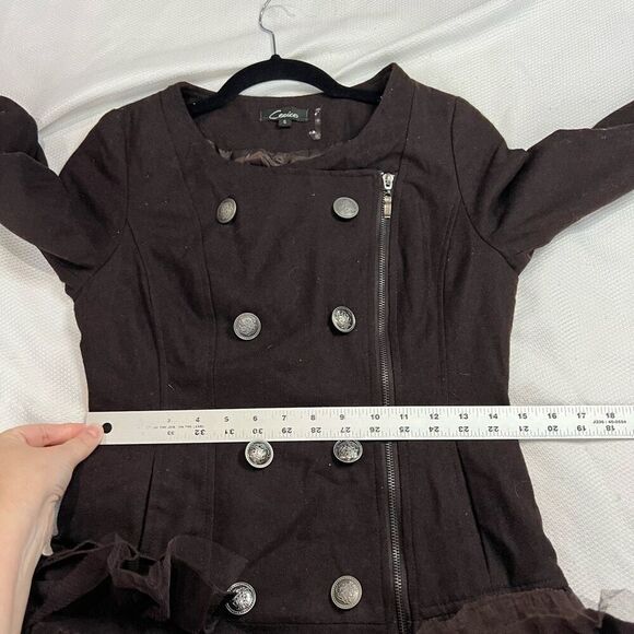 Cecico Brown Wool Blend Ruffle Hem Zip Up Button Closure Sz S Women’s - Picture 6 of 10